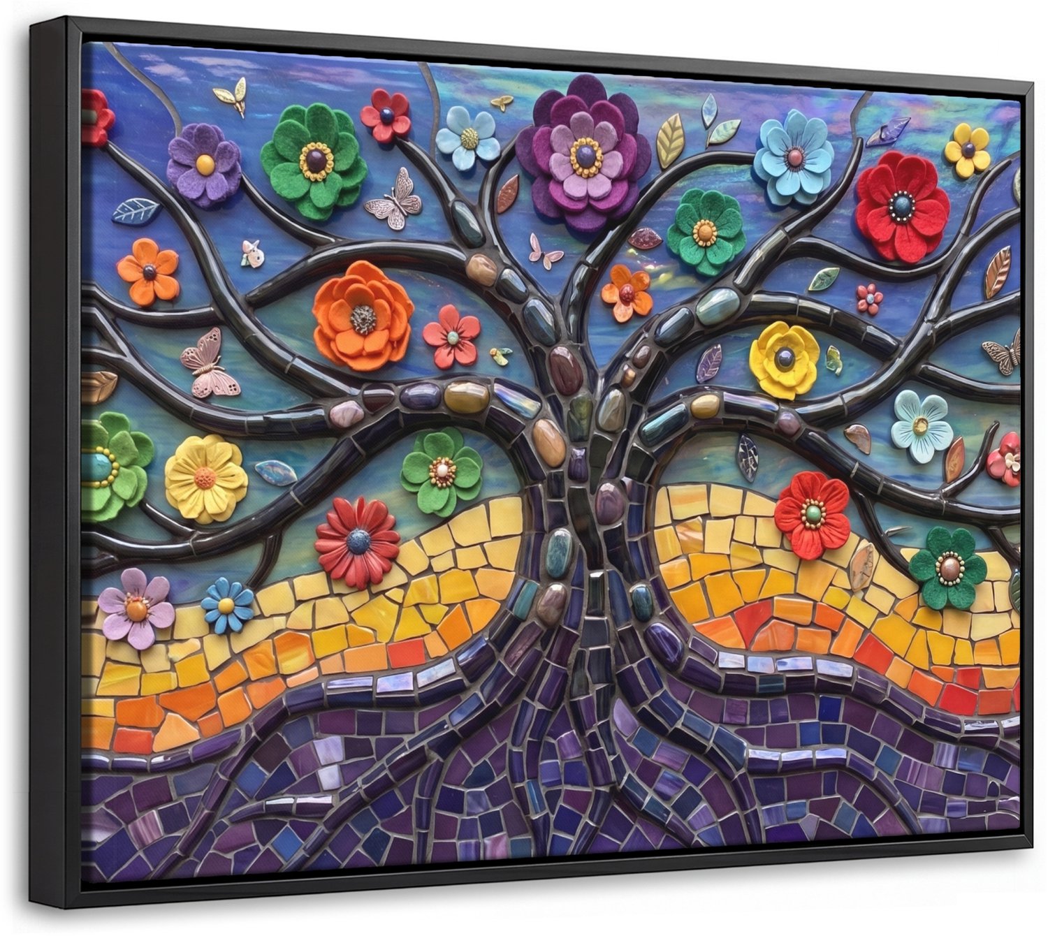 Canvas Schilderij met Baklijst 40x30cm - Levensboom - Mozaïek - Bloemen - Kleurrijk - Vrolijk - Muurdecoratie woonkamer - Slaapkamer decoratie - Kamer accessoires - Schilderijen op canvas met lijst