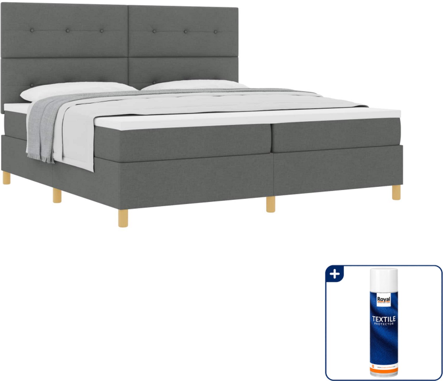 vidaXL boxspringbed - Super kingsize - 200 x 200 cm - donkergrijs - Inclusief textielbeschermer 500 ml Lichtgrijs