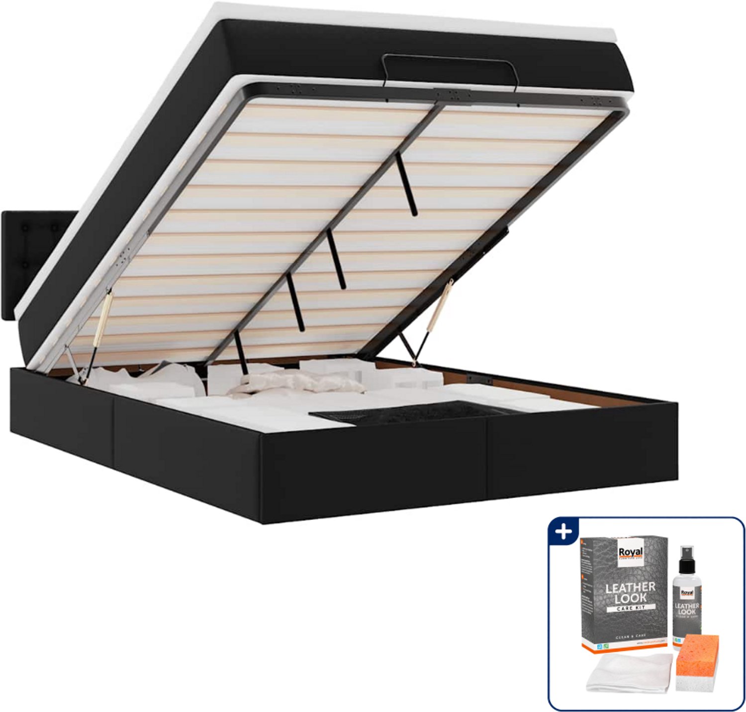 vidaXL ottomane bed met matras en LED - 140 x 190 cm - kunstleer - zwart - Inclusief onderhoudsset voor kunstleer 150 ml