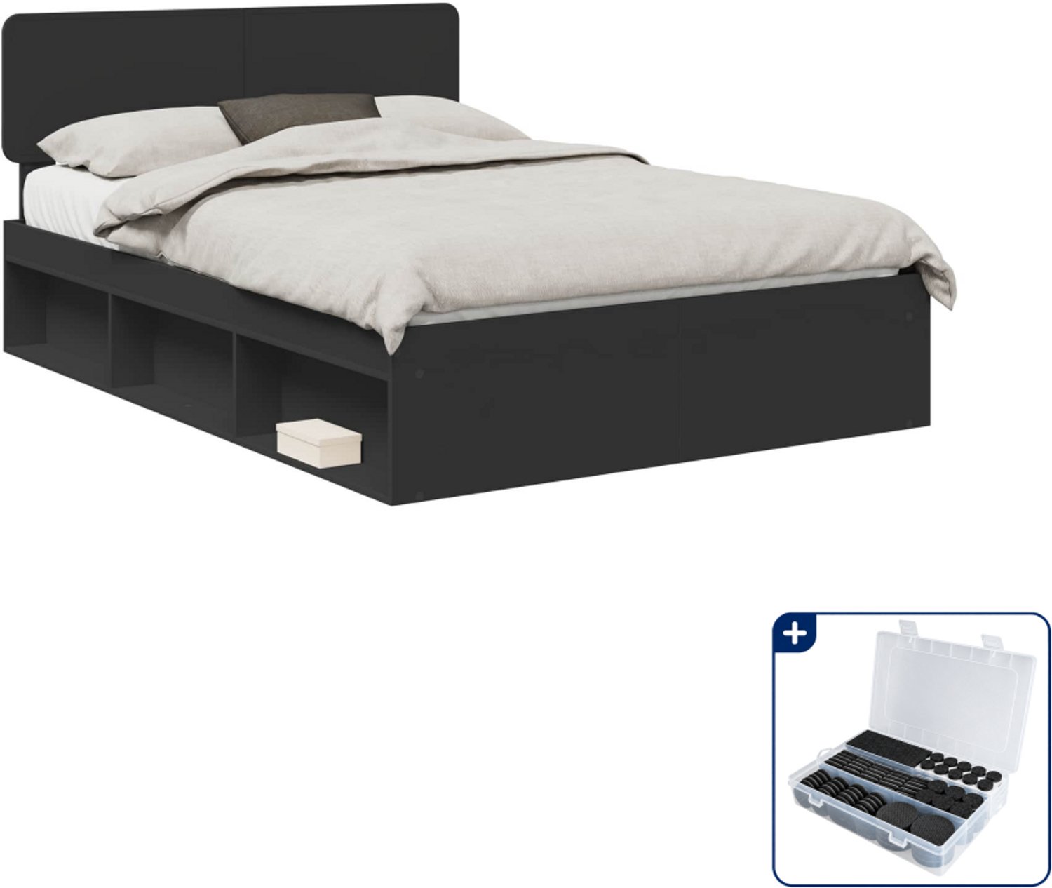 vidaXL bedframe met hoofdeinde - Queensize - 160 x 200 cm - zwart - Inclusief antikrasvilt 177-delig Grijs