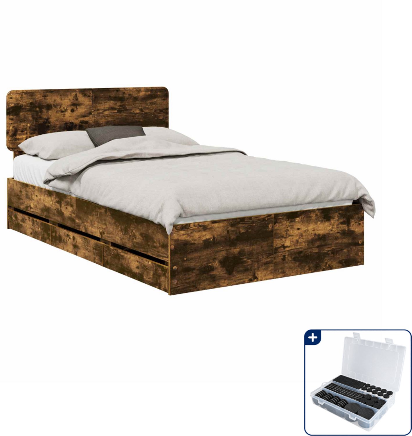 vidaXL bedframe met lade - 120 x 200 cm - bewerkt hout - gerookte eik - Inclusief antikrasvilt 177-delig Zwart