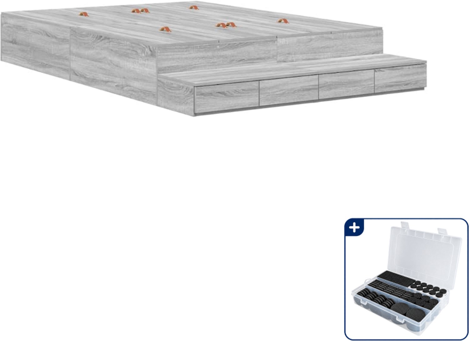 vidaXL opbergbedframe - 135 x 190 cm - bewerkt hout - grijs sonoma - Inclusief antikrasvilt 177-delig