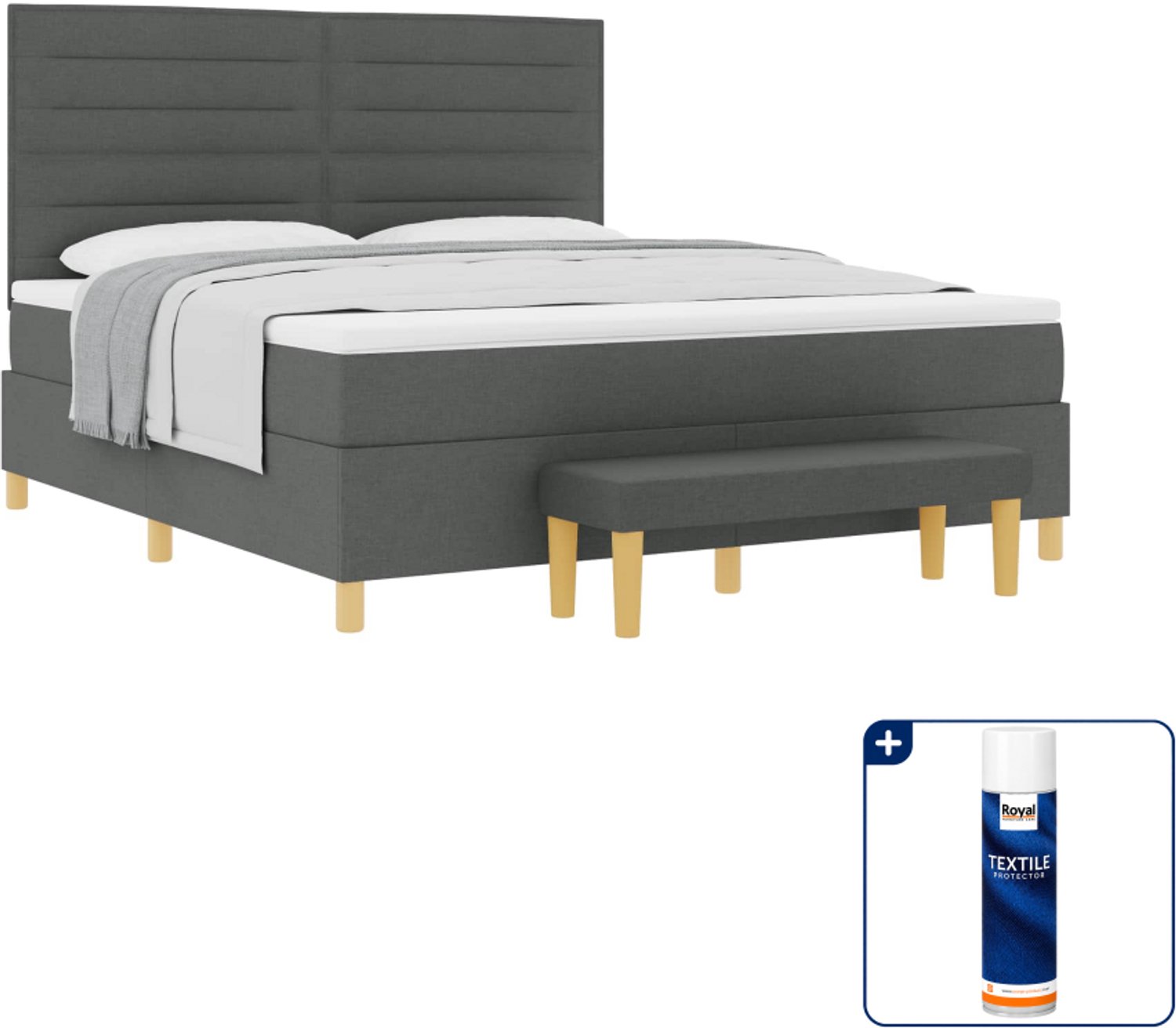 vidaXL boxspring met bank - Kingsize - 180 x 200 cm - donkergrijs - Inclusief textielbeschermer 500 ml Crème