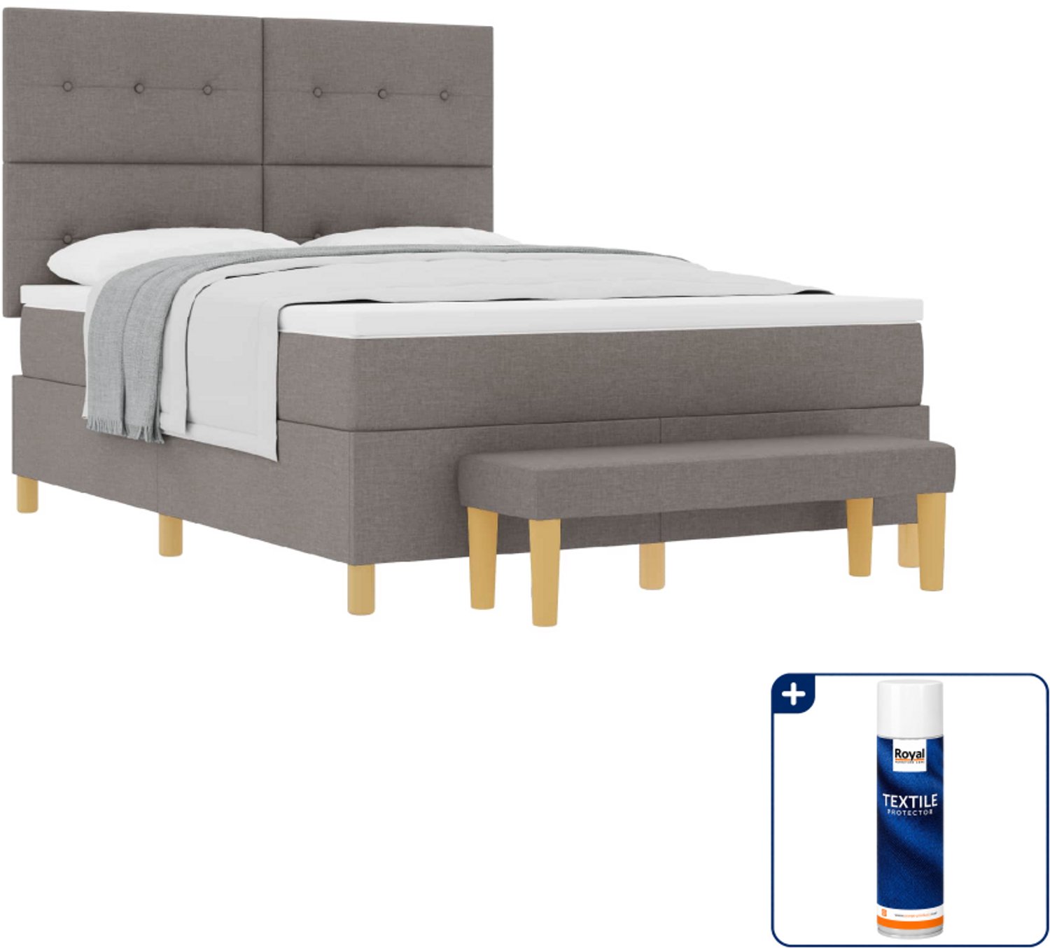vidaXL boxspring met matras en bench - 140 x 190 cm - taupe - Inclusief textielbeschermer 500 ml
