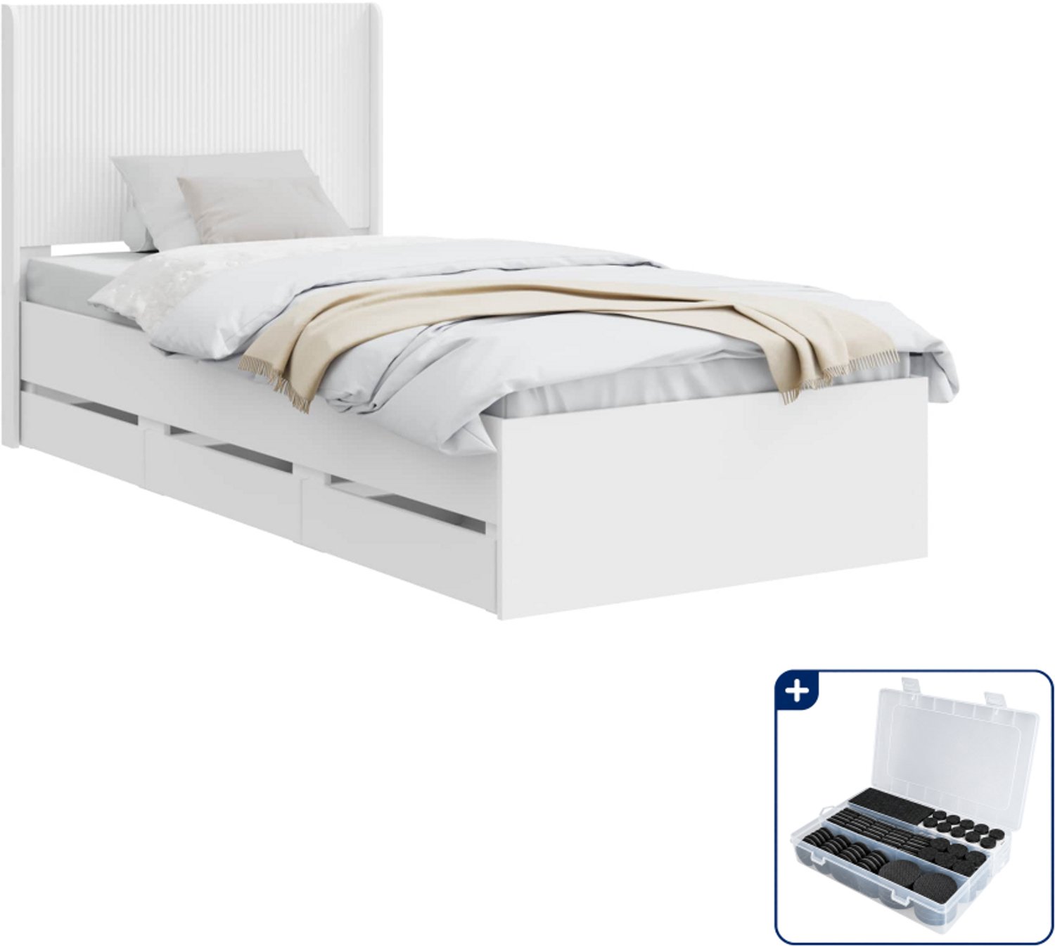 vidaXL Bedframe met opbergruimte - 75 x 190 cm - bewerkt hout - wit - Inclusief antikrasvilt 177-delig