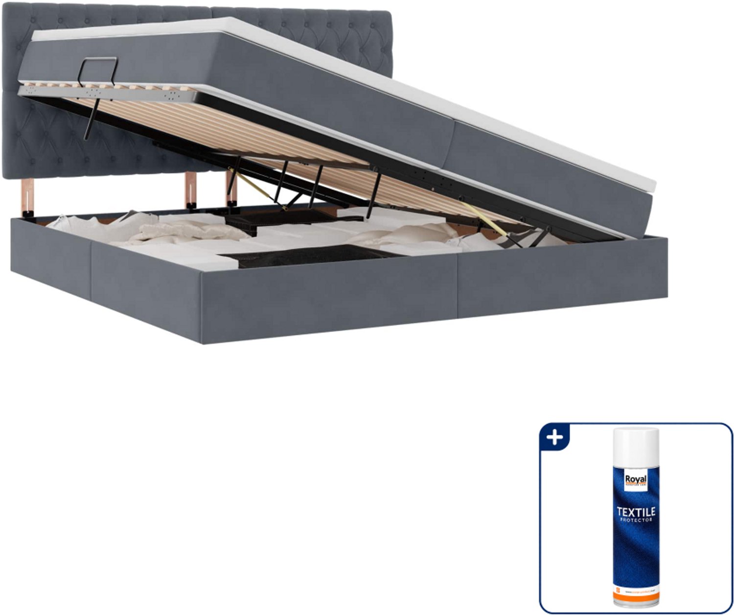 vidaXL opbergbed met matras - 200 x 200 cm - fluweel - donkergrijs - Inclusief textielbeschermer 500 ml Bruin