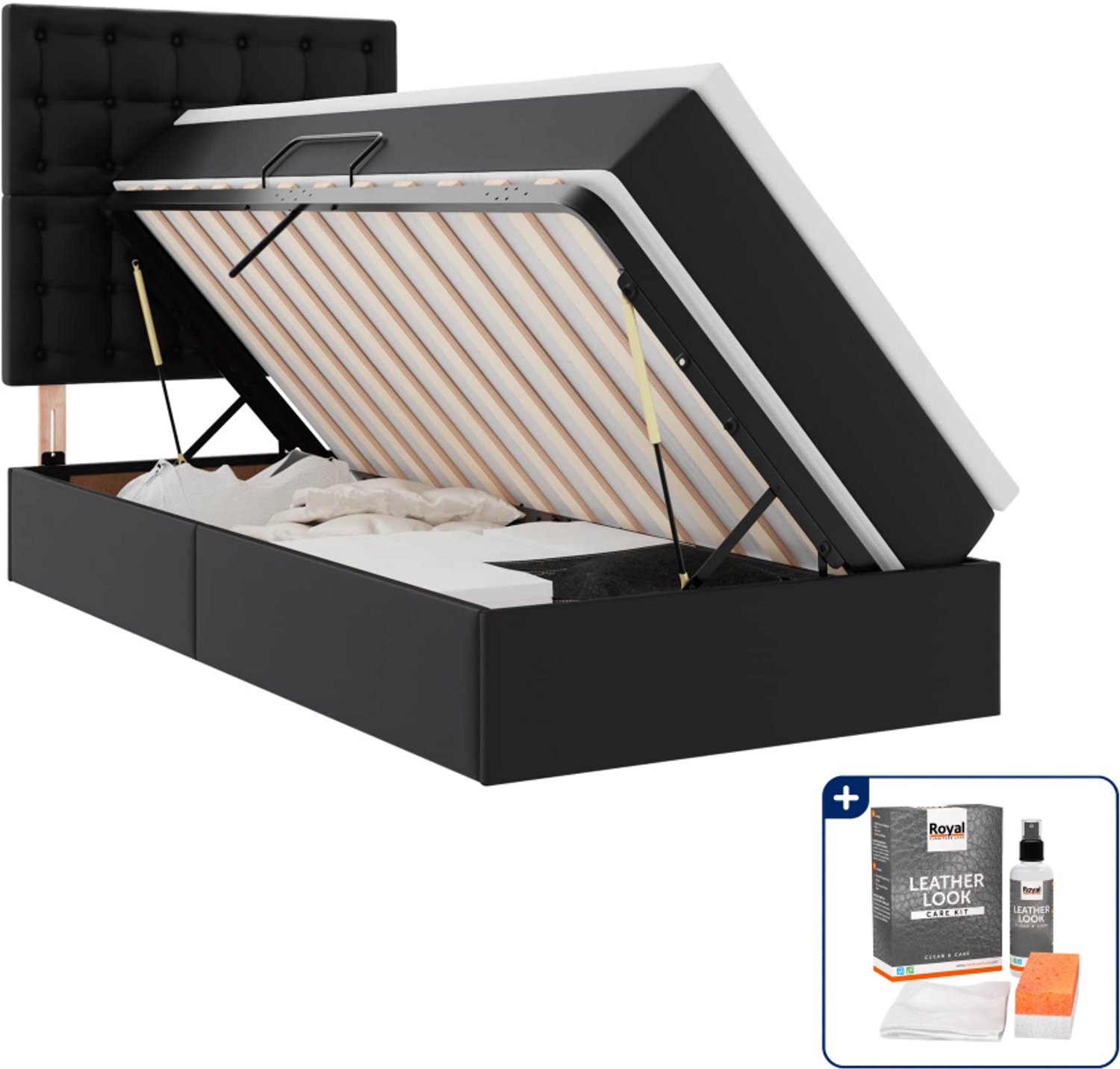 vidaXL opbergbed met LED - 90 x 200 cm - kunstleer - zwart - Inclusief onderhoudsset voor kunstleer 150 ml