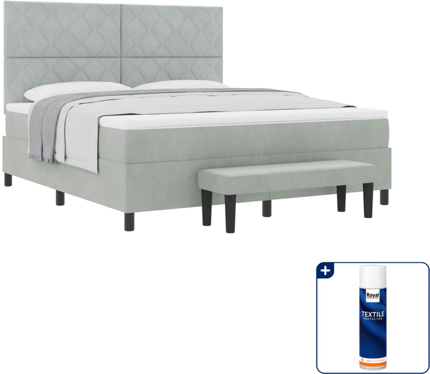vidaXL Boxspring bed Kingsize - 180 x 200 cm - fluweel - lichtgrijs - Inclusief textielbeschermer 500 ml