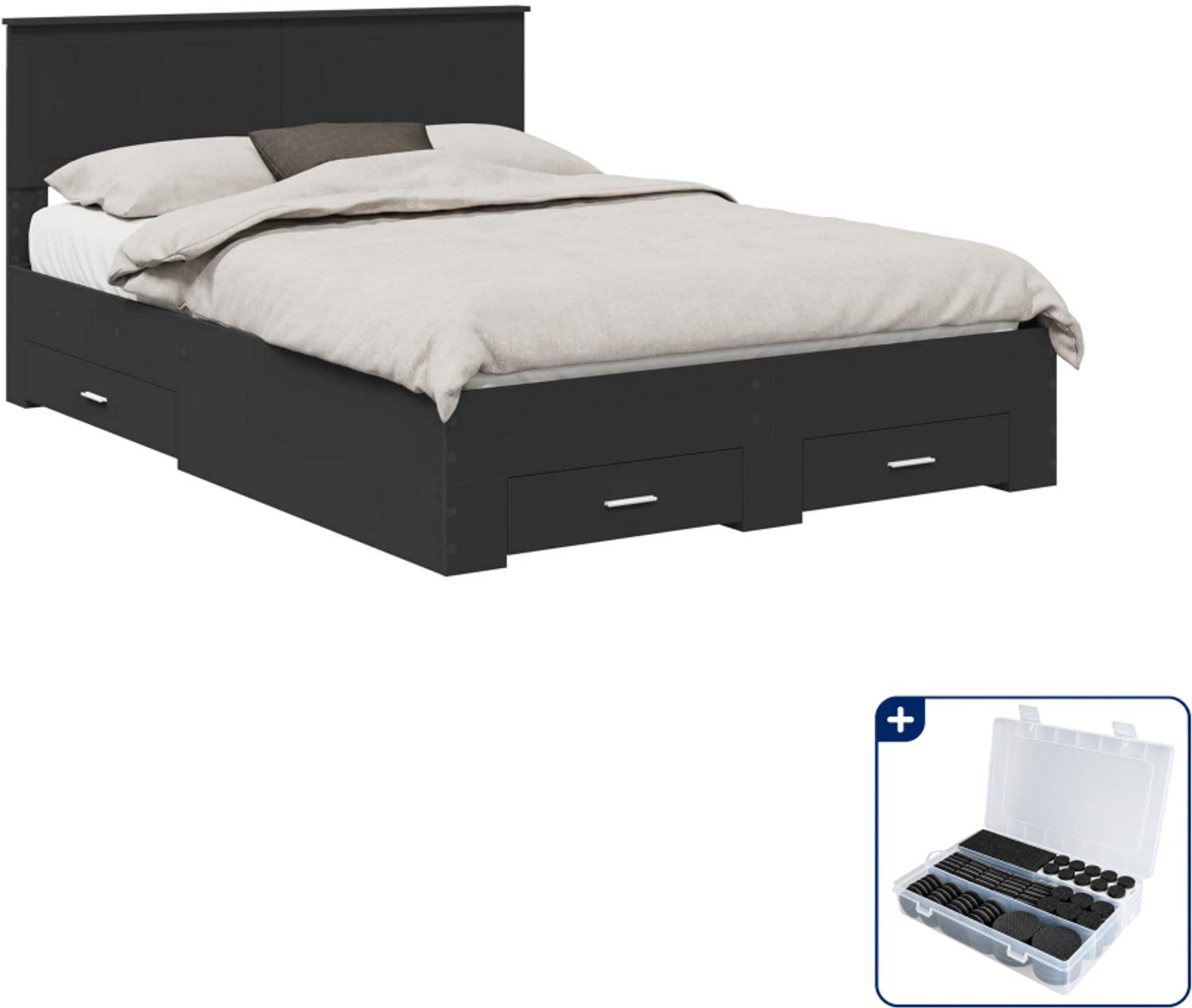 vidaXL bedframe met lade - 135 x 190 cm - bewerkt hout - zwart - Inclusief antikrasvilt 177-delig Bruin