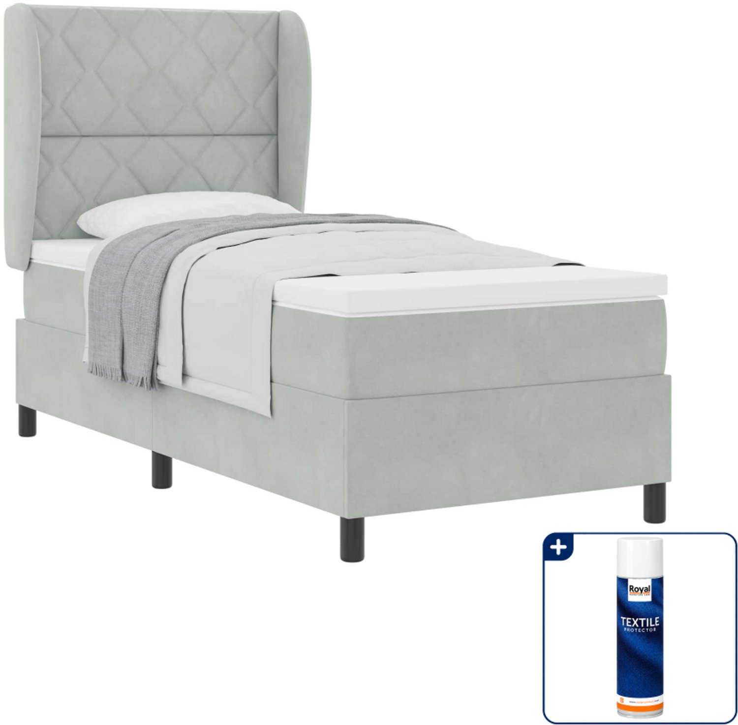 vidaXL Boxspringbed - 90 x 200 cm - fluweel - lichtgrijs - Inclusief textielbeschermer 500 ml