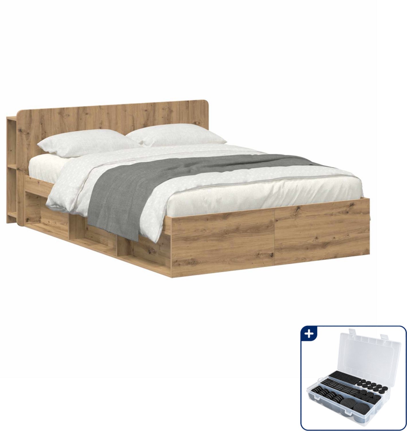 vidaXL bedframe met opbergruimte - 140 x 190 cm - bewerkt hout - eiken - Inclusief antikrasvilt 177-delig Bruin