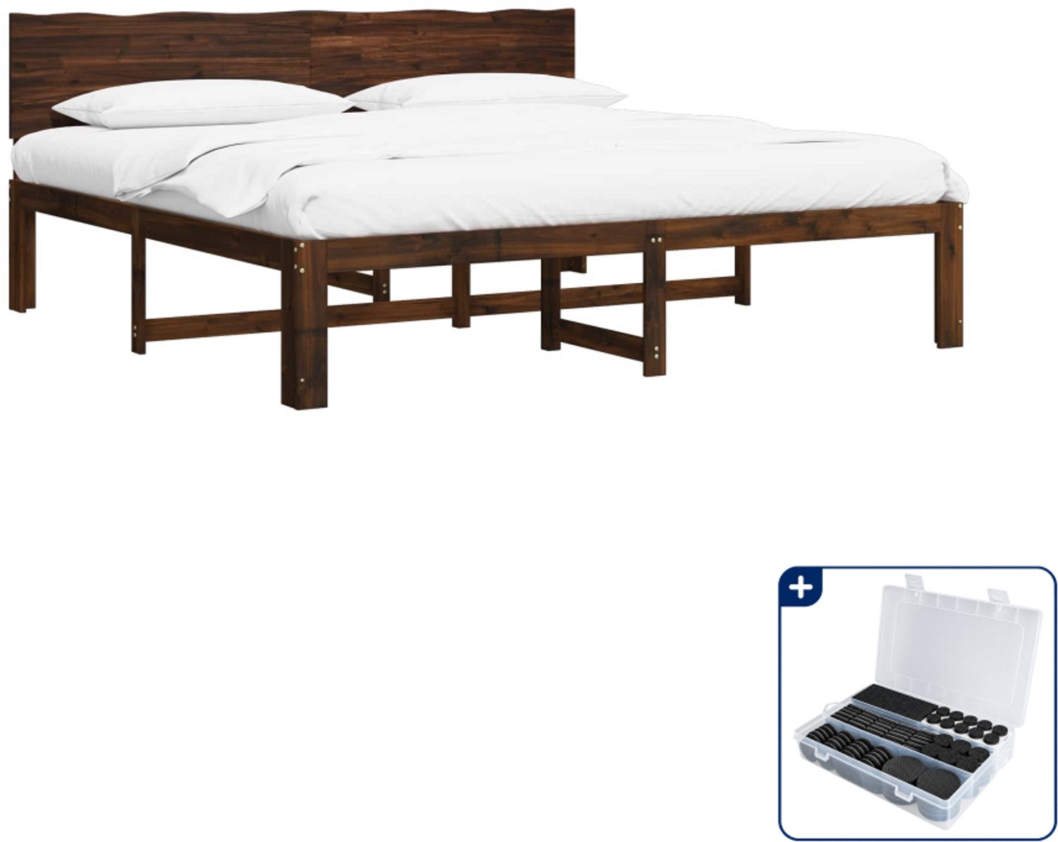 vidaXL bedframe ROSTOCK - 200 x 200 cm - massief acaciahout - donkerbruin - Inclusief antikrasvilt 177-delig Grijs