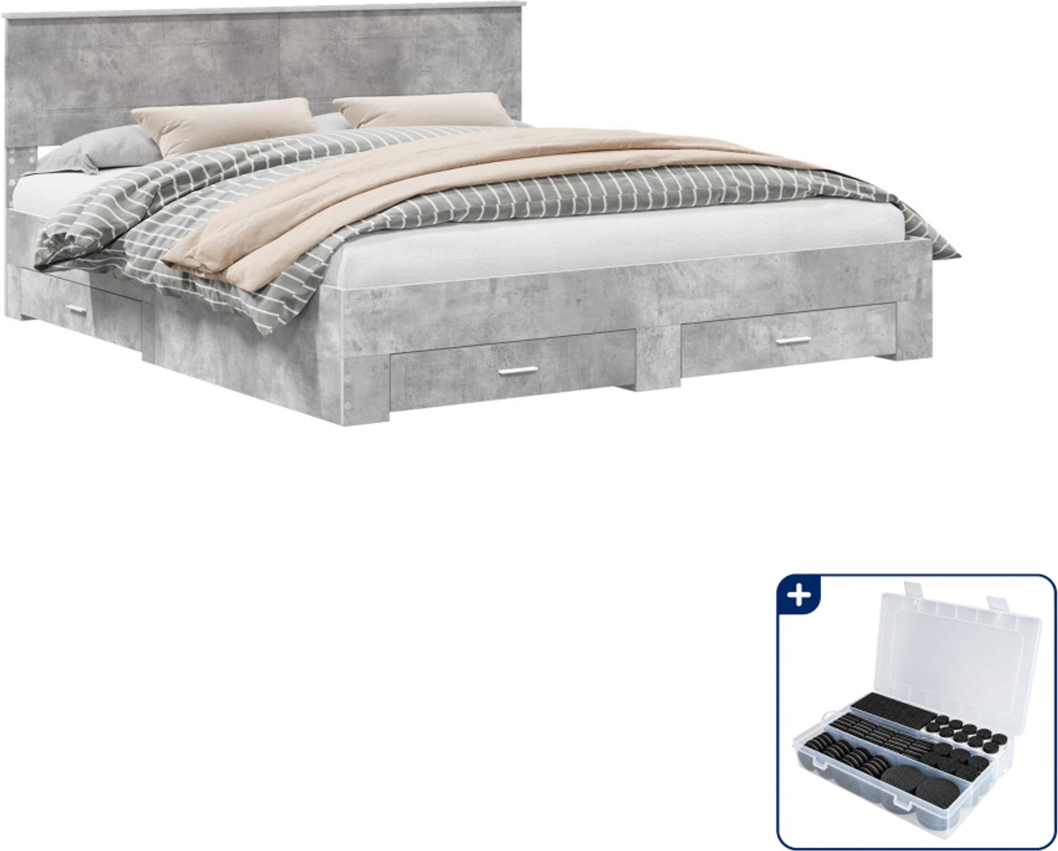 vidaXL bedframe met lade Kingsize - 180 x 200 cm - bewerkt hout - beton grijs - Inclusief antikrasvilt 177-delig Bruin