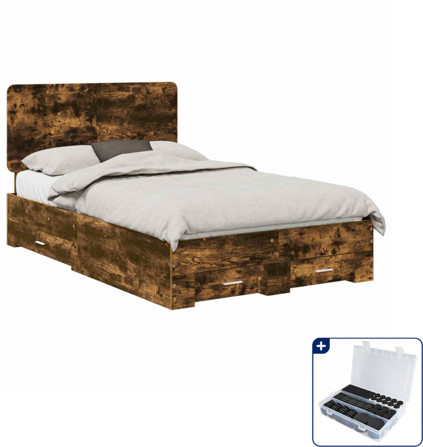 vidaXL bedframe met lade - 135 x 190 cm - bewerkt hout - gerookt eiken - Inclusief antikrasvilt 177-delig Bruin