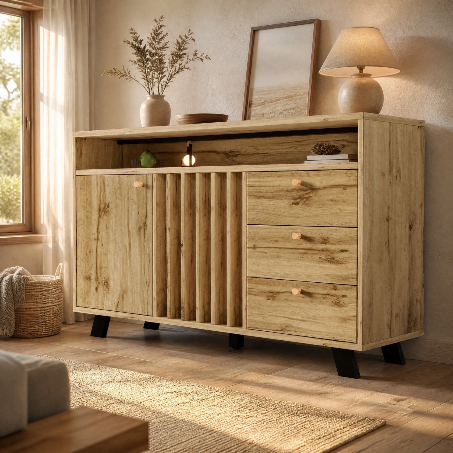 Maisentiel Dressoir met 3 laden, 2 deuren en open vak - donkere eik - 120 x 40 x 85 cm