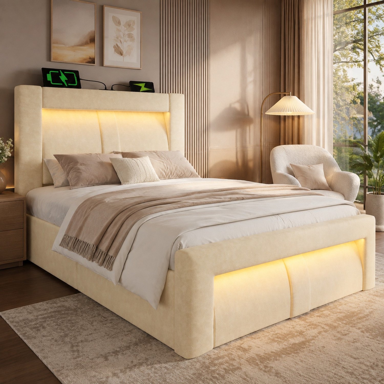 Maisentiel Eenpersoonsbed 90 x 200 cm met opbergruimte, LED en USB-aansluitingen - beige fluweel