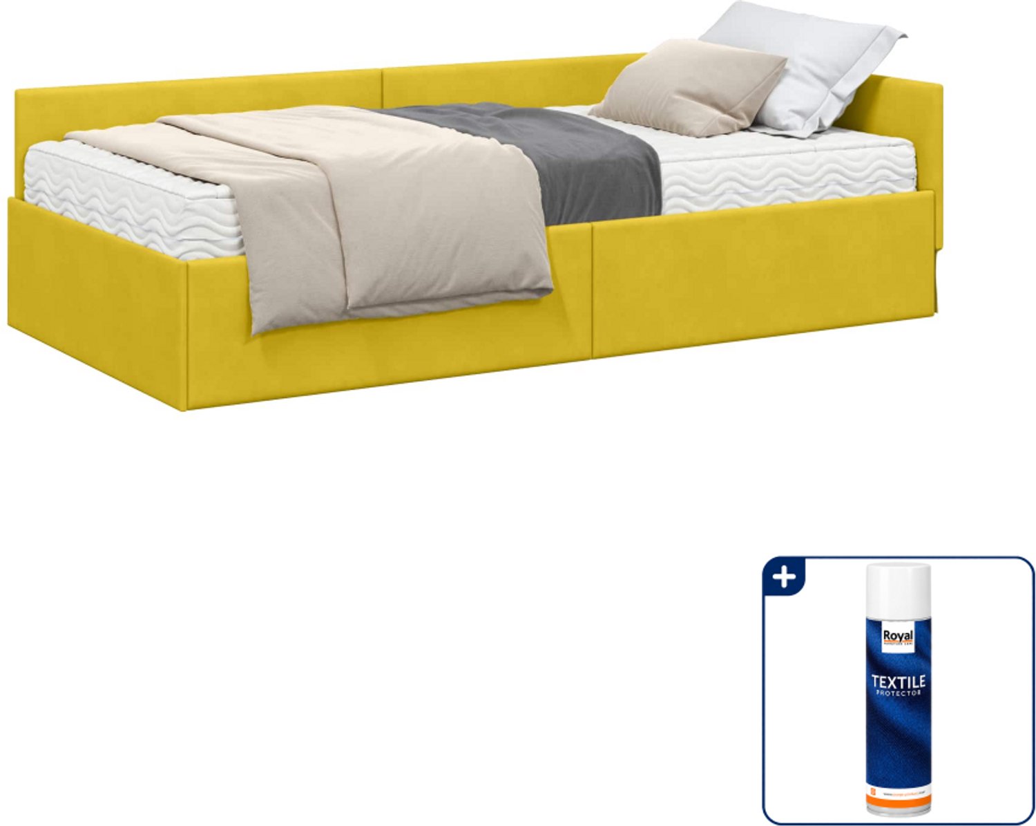 vidaXL hoekbedframe met matras - 80 x 200 cm - fluweel - geel - Inclusief textielbeschermer 500 ml Bruin