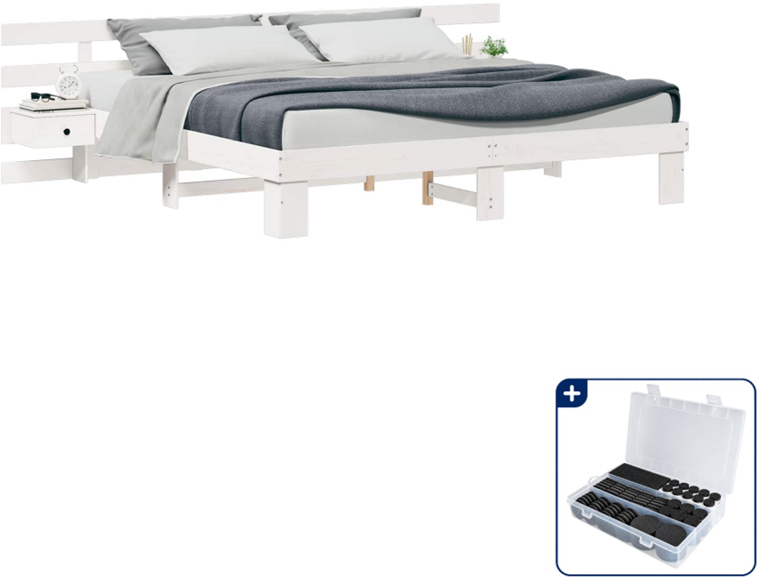 vidaXL Bedframe met hoofdeinde - 200 x 200 cm - massief grenenhout - wit - Inclusief antikrasvilt 177-delig Bruin