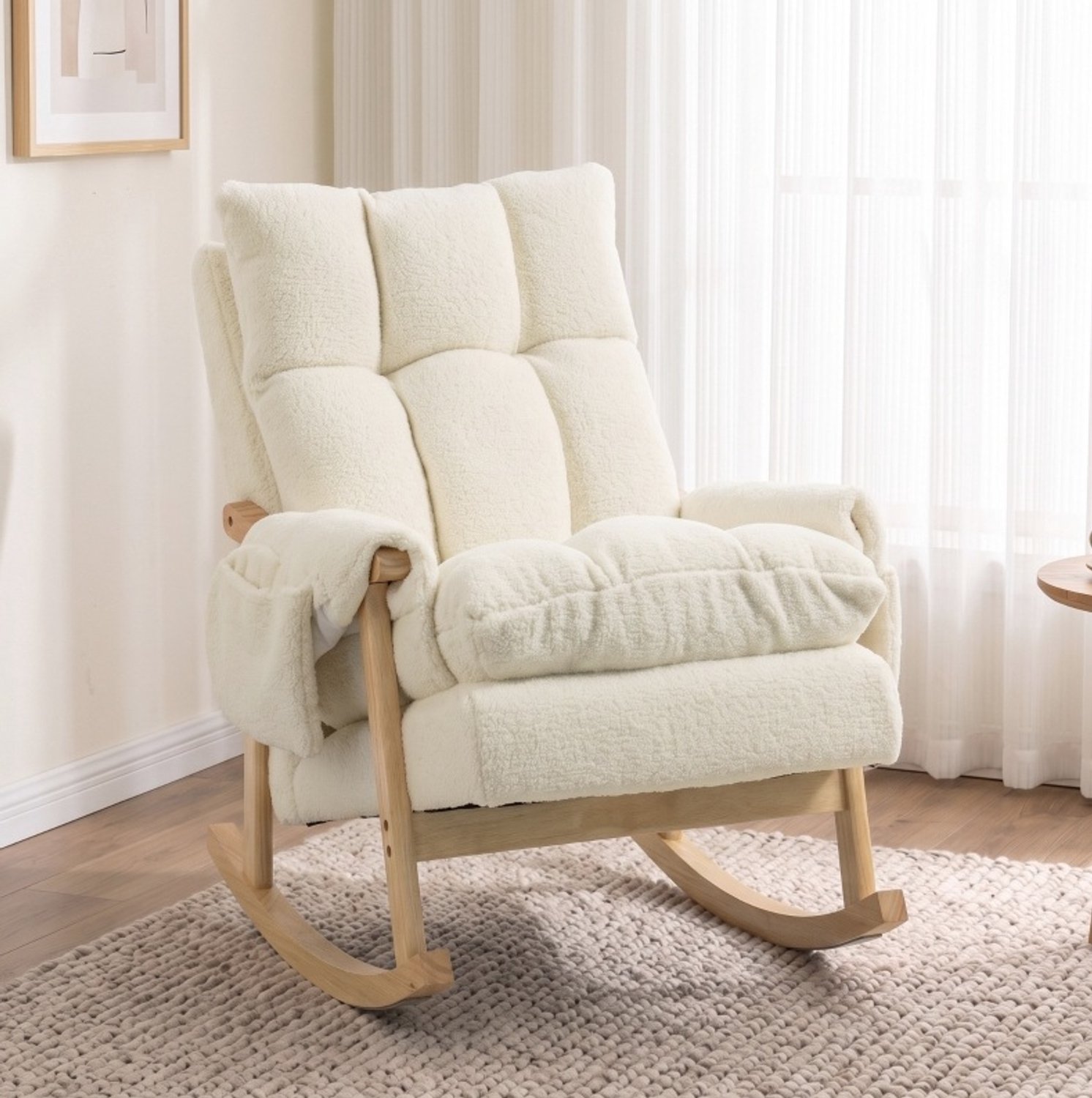 MODENUIT Schommelstoel 77 x 104 x 93 cm - Met Twee Zijvakken - Voor Woonkamer - Hout en Stof - Crèmewit Crème-wit