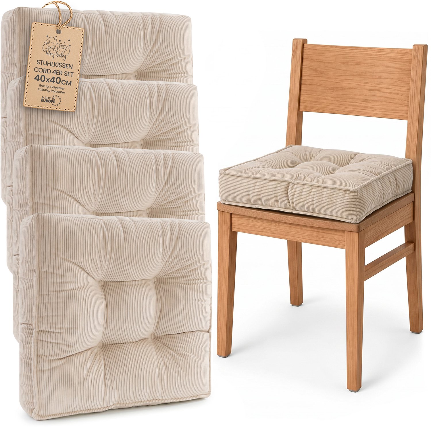 Amazinggirl Zitkussen voor Eetkamerstoel en Keukenstoel Vierkant Zacht Beige Corduroy (4 stuks)