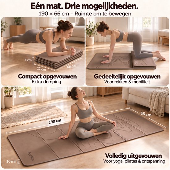 FunLife Opvouwbare Yogamat Set – Fitnessmat 190 x 66 x 1 cm met 3 Weerstandsbanden – Dikke Sportmat voor Yoga en Pilates – Bruin Flow — afbeelding 4