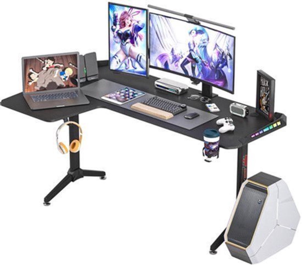 Laptop Computer Bureau - Groot Staand Bureau - L Vorm - Studeer Bureau - Werkstation - 60 Inch - Zwart - Gaming Tafel - Laptop Tafel - Links