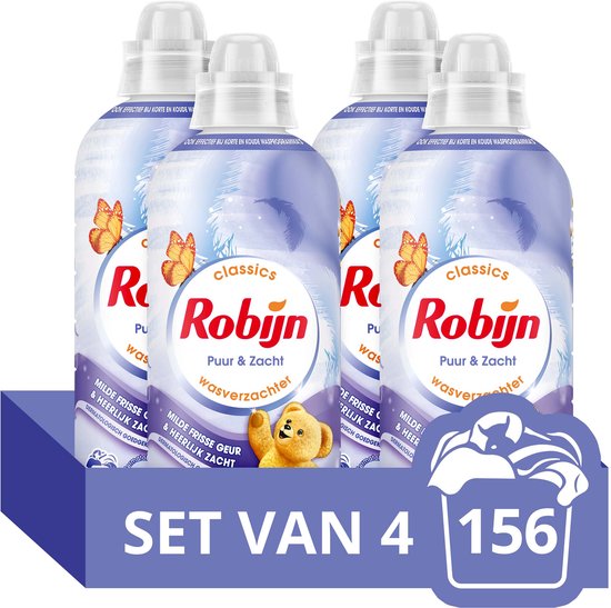 Voordeelverpakking van 4 flessen Robijn Puur & Zacht wasverzachter, goed voor 156 wasbeurten. Met teddybeer.