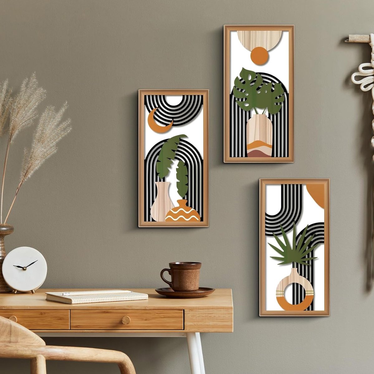 REDOM Houten Wanddecoratie 3-delig – Wanddecoratie met Blad- en Geometrisch Design – Houten Wandbord voor Woonkamer, Slaapkamer en Hal – Hout