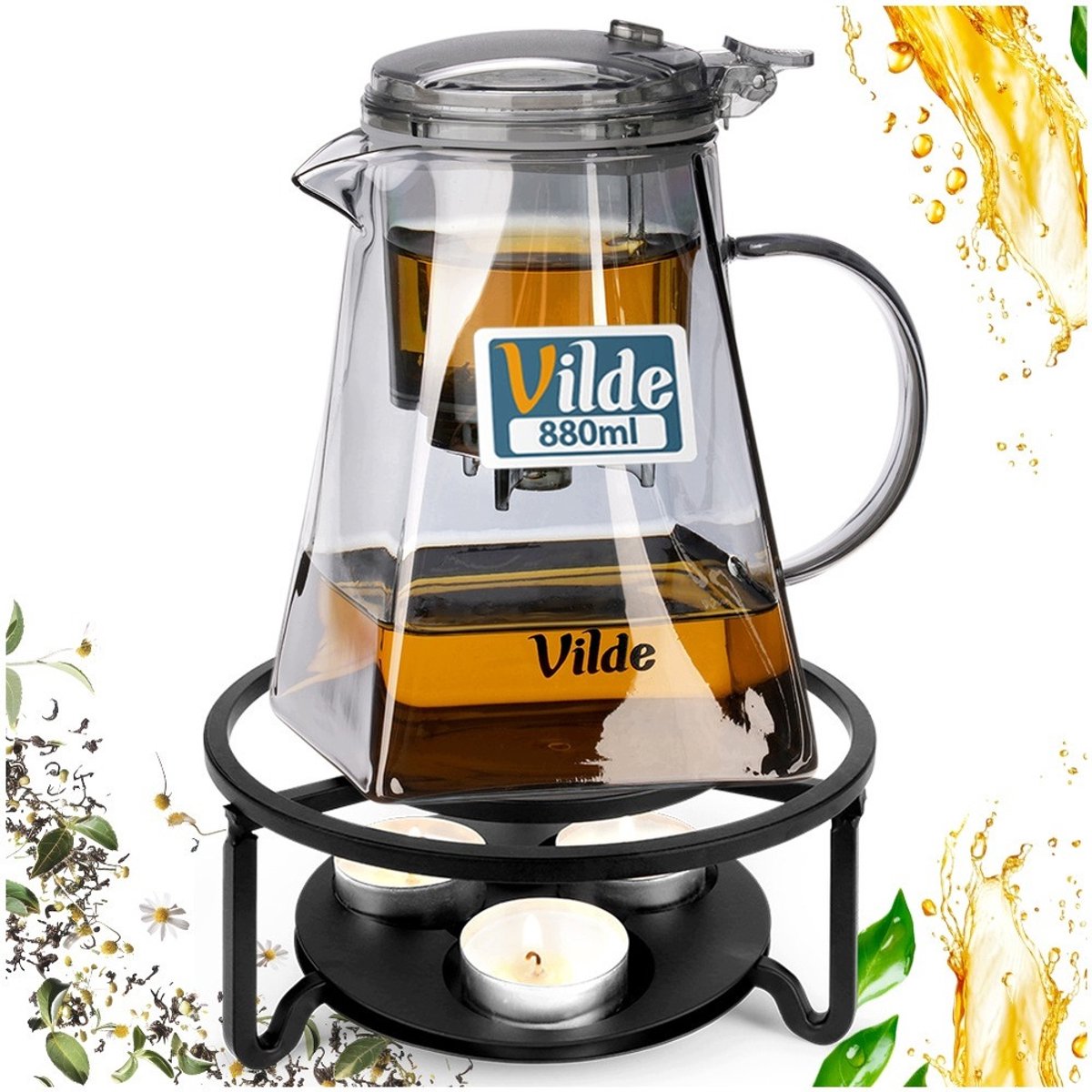 Glazen theepot met infuser en warmhoudplaat, 880 ml
