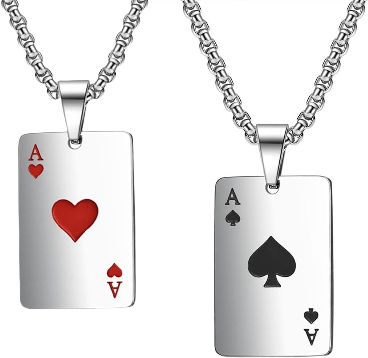 Zilveren ketting set voor heren met hart en schoppen symbool, ideaal voor hiphop, rock en gothic stijl - 2 stuks