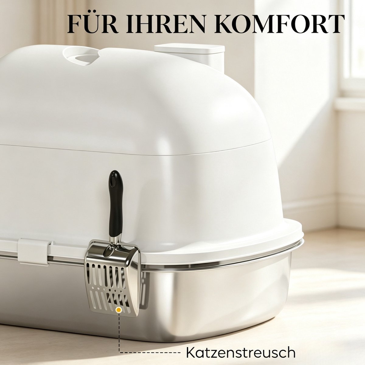 REDOM - Gesloten kattenbak - RVS binnenbak - Voorzijde met stortzone en ronde ingang - Geurvak - Met handgreep - Voor één kat - RVS, kunststof - Wit - 52,4 x 41,3 x 39,9 cm