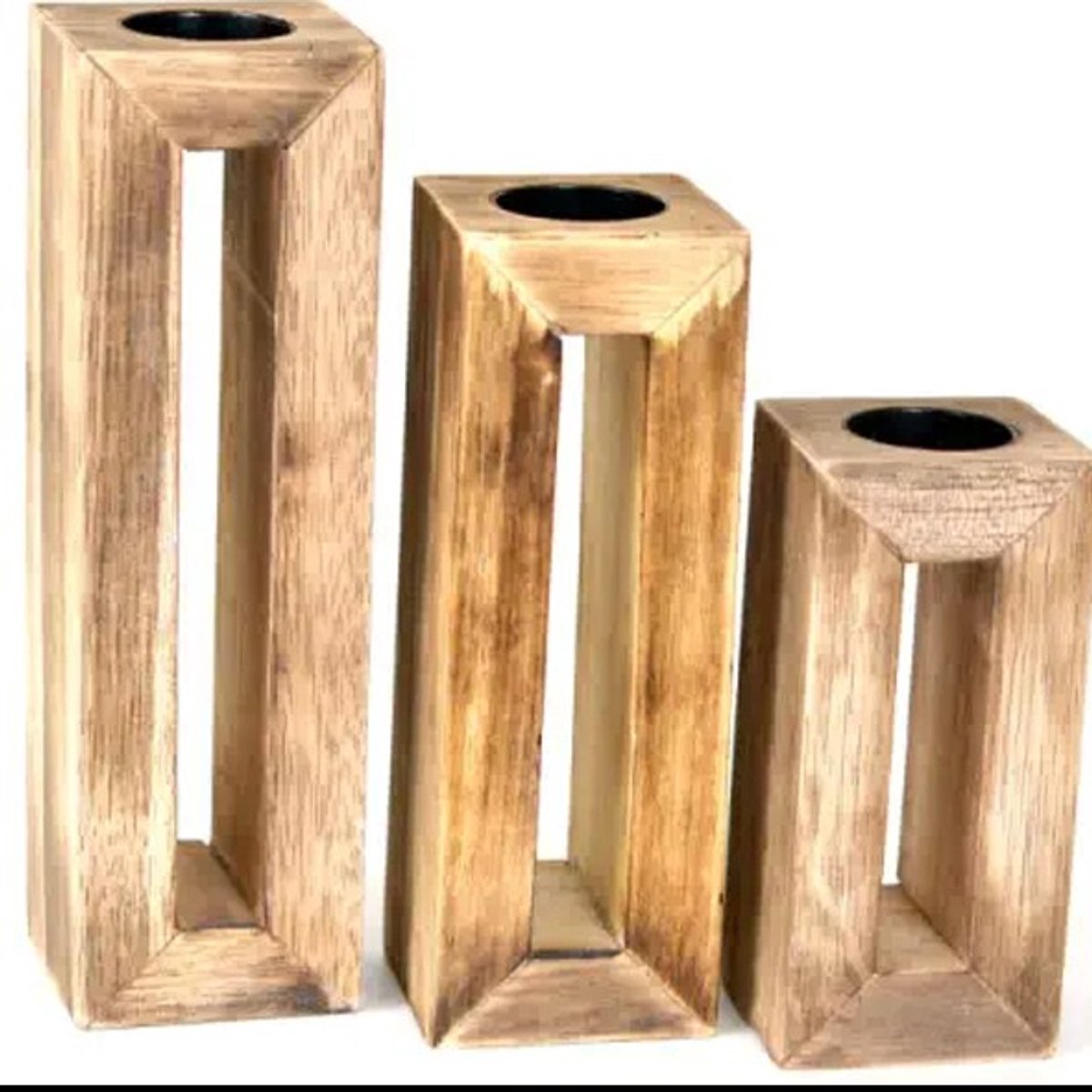 Set van 3 houten waxinehouders met gat - Hoogte: 25 / 20 / 15 cm - naturel