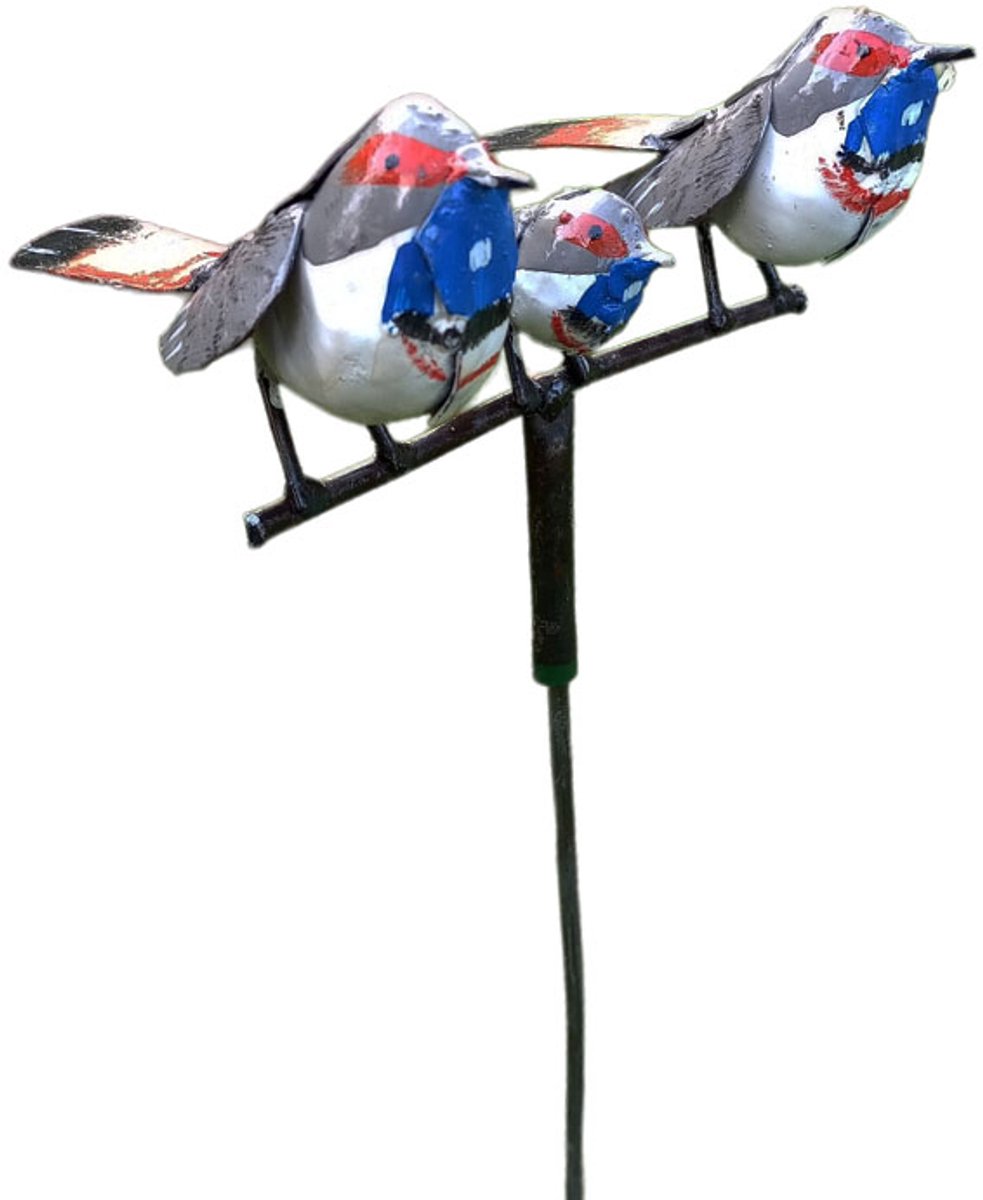 Floz Design tuinsteker vogel - 3 vogels op rij - metalen tuindecoratie blauwborst - fairtrade cadeau vogelliefhebber