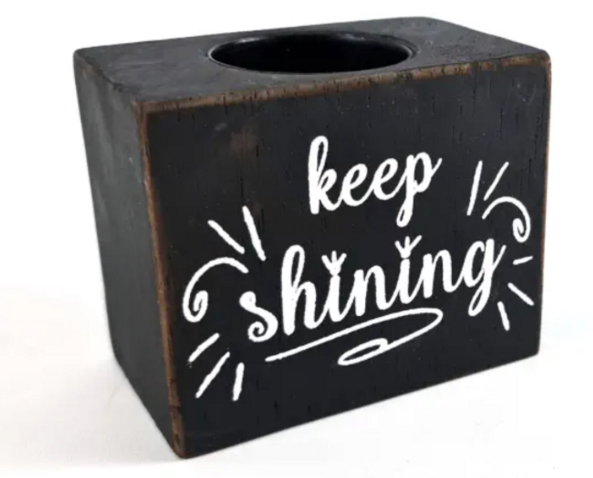 Woodart - Waxinehouder blok - 7x9 cm - Keep Shining - black wash