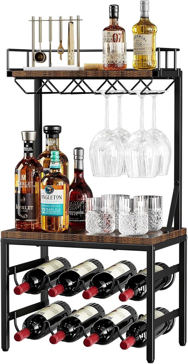 Wijnrek wandmontage - Retro Bruin + Zwart - 40 x 25 x 75 cm - Koolstofstaal en Hout - Vrijstaand Multifunctioneel Wijnrek met Bekerhouders