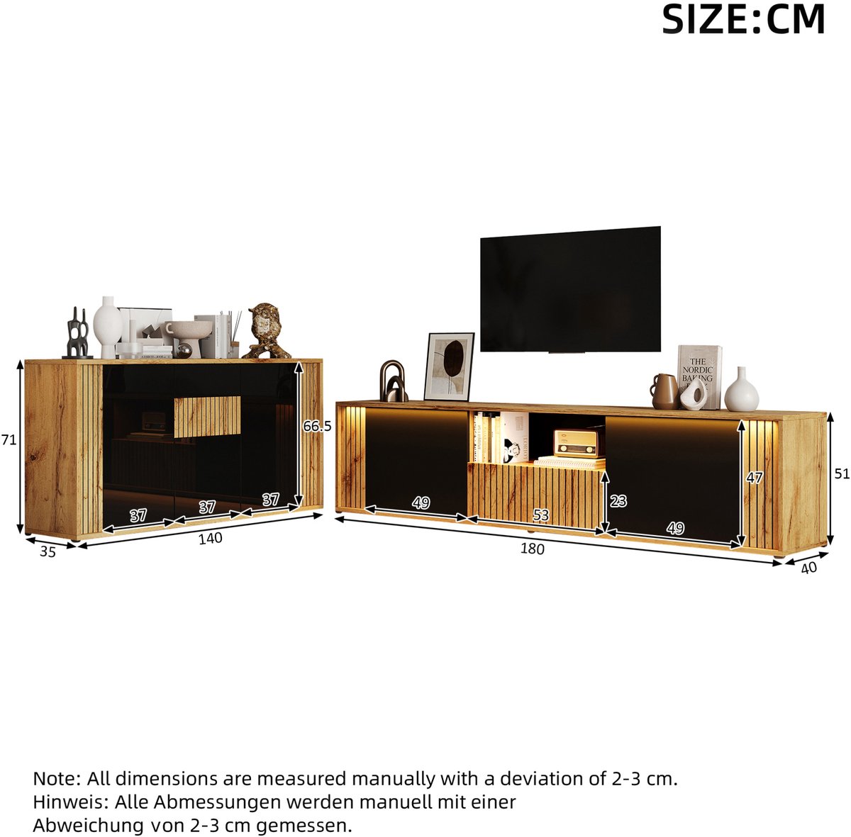 REDOM - Dressoir set - 2-delig - TV-meubel en sideboard met LED-verlichting en push-to-open - MDF en spaanplaat - Zwart en naturel - 180 x 40 x 51 cm en 140 x 35 x 71 cm