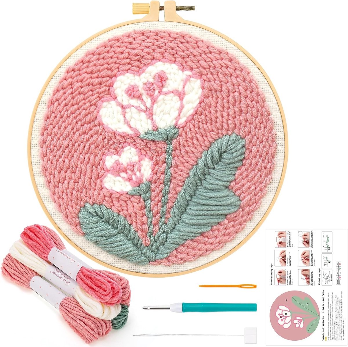 Punch Needle Kits voor Volwassenen en Beginners, DIY Borduurset met Tapijthaak en Roze Bloemenpatroon, Creatieve Wanddecoratie en Handwerkaccessoires
