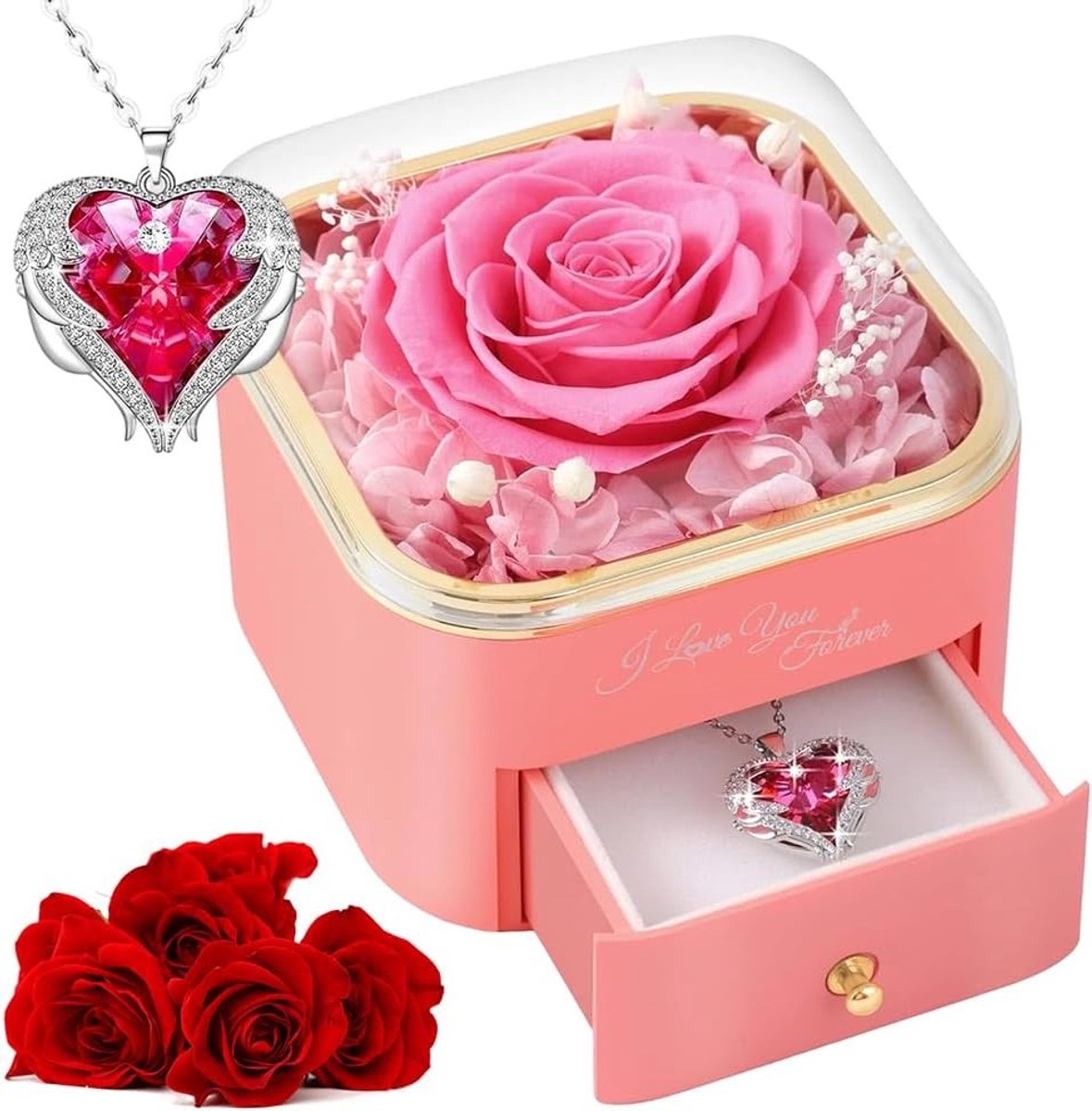 Eternal Rose met Ketting voor Vrouwen, Perfect Cadeau voor Moederdag, Verjaardag en Valentijnsdag in Roze Geschenkdoos