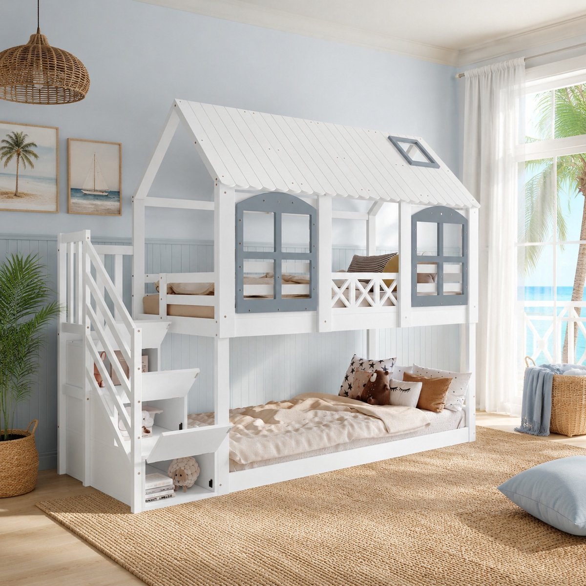 Stapelbed met dak en ramen – 253,5x95x215 cm – Kinderbed met 3 opbergvakken in de trap – voor kinderen – Wit en grijs - zonder matras