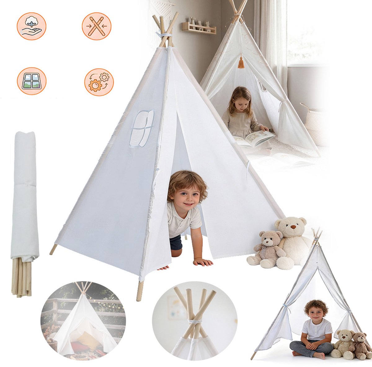 Kindertipi-Tent, Opvouwbare Kinderspeeltent, Katoenen Tipi-Speeltent Met Raam, Voor Binnen-en Buitenspellen.