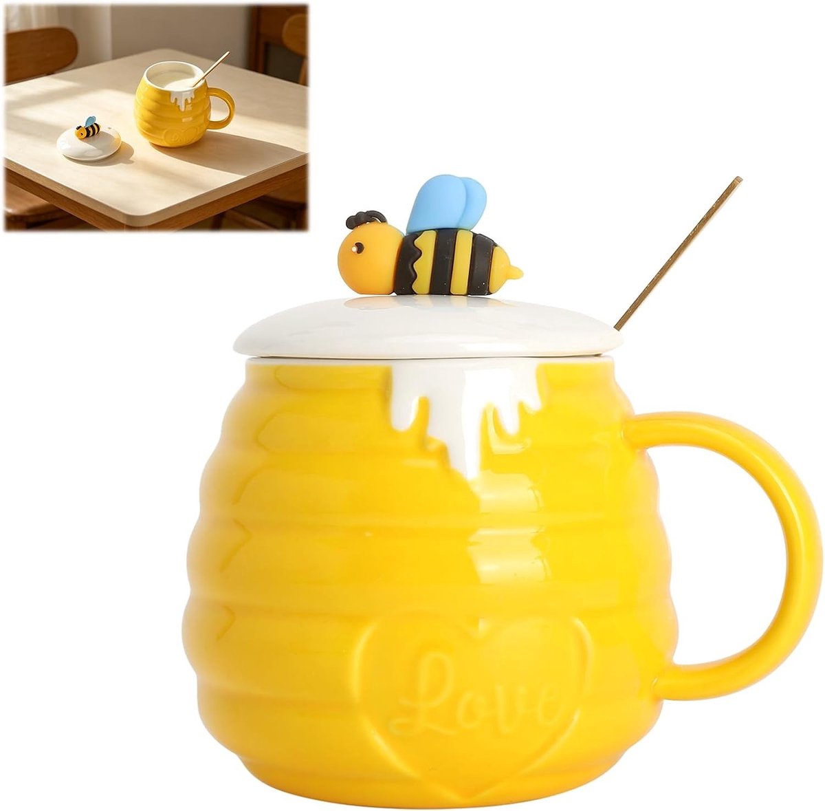 Schattige 400 ml Koffiemok met Deksel en Lepel - Keramische Mok in Geel, Perfect voor Melk en Cacao, Leuk Cadeau voor Vrouwen en Meisjes