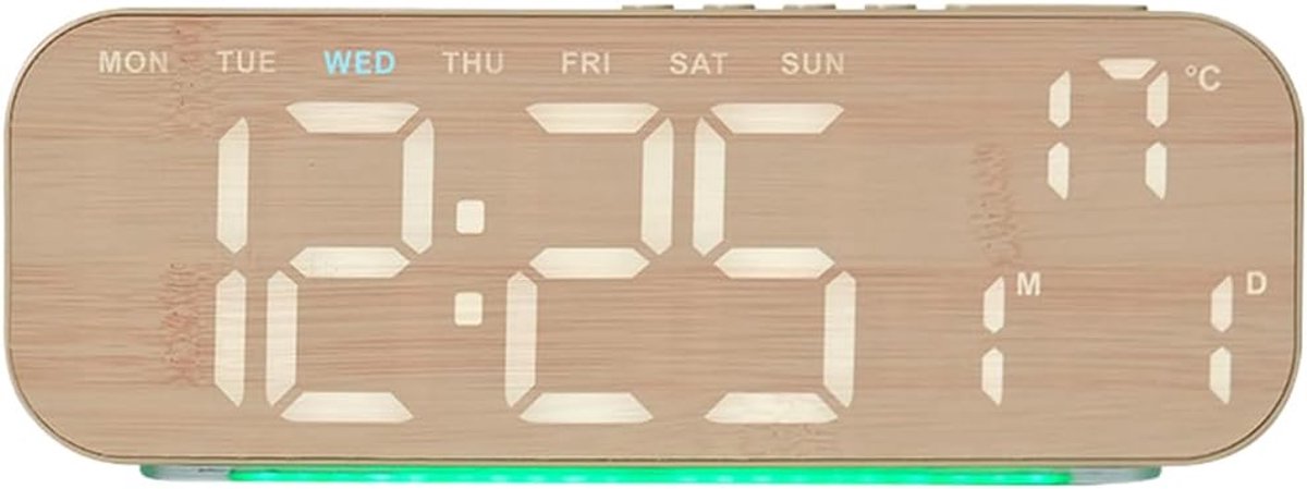 Deze grote digitale LED-wekker heeft een kalender met houtnerfdesign, temperatuurweergave, dubbele alarmfunctie en instelbare helderheid. Hij is geschikt voor slaapkamers, woonkamers, kantoren en andere ruimtes en kan ook als decoratie dienen.