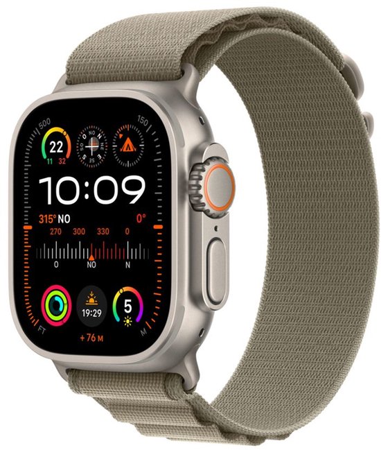 Zilverkleurig Apple Watch Ultra 2 met olijfgroene Alpine Loop band. Het scherm toont de tijd 10:09, kompas, hoogtemeter en daglichturen.