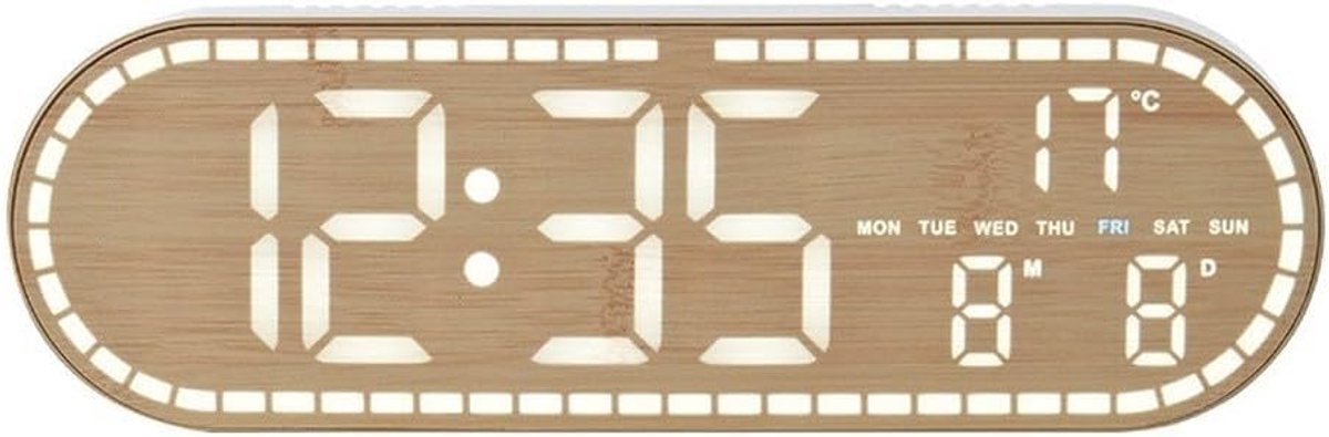 LED digitale klok met binnentemperatuurweergave, kalender, datum en alarmfunctie, PVC houtnerfafwerking (A)