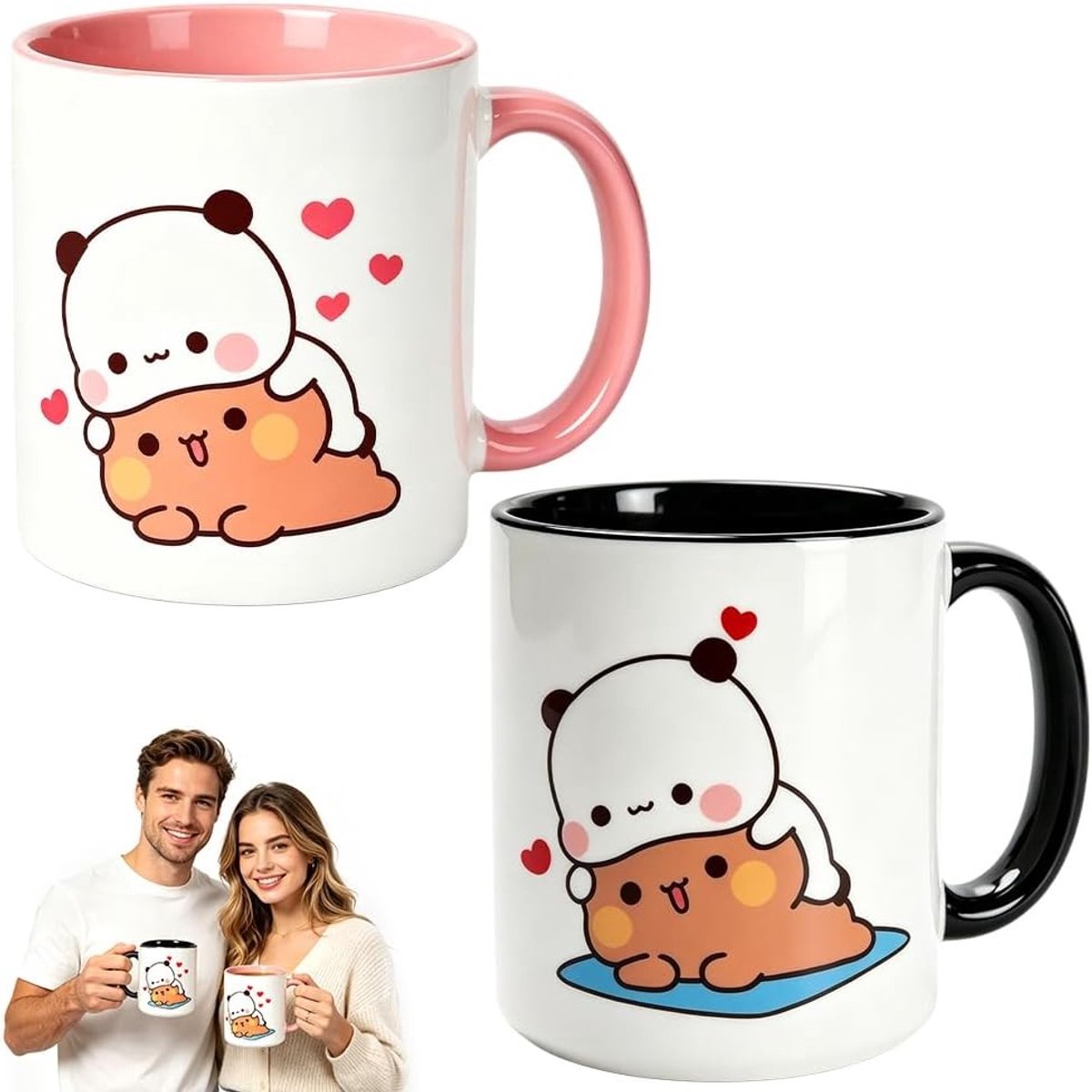 Keramische Mok voor Thee, Koffie en Warme Chocolade - Set van 2, Grappige Beren en Panda Ontwerpen, Perfect Cadeau voor Stellen, Roze en Zwart