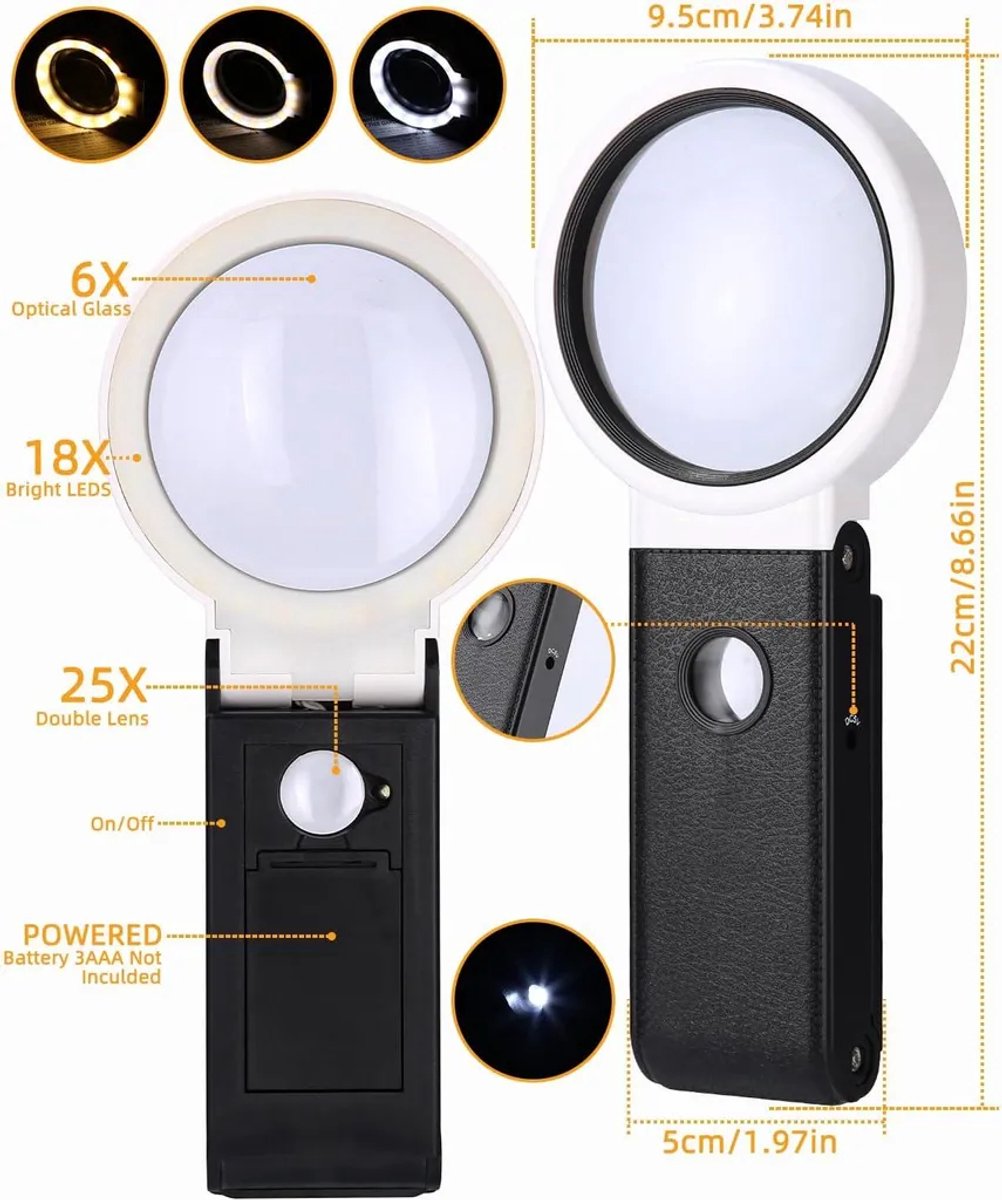 Opvouwbaar leesvergrootglas Geschikt voor ledverlichting, 25 leds, 3 instelbare helderheidsniveaus, groot glazen bureauvergrootglas, Geschikt voor oudere gebruikers.