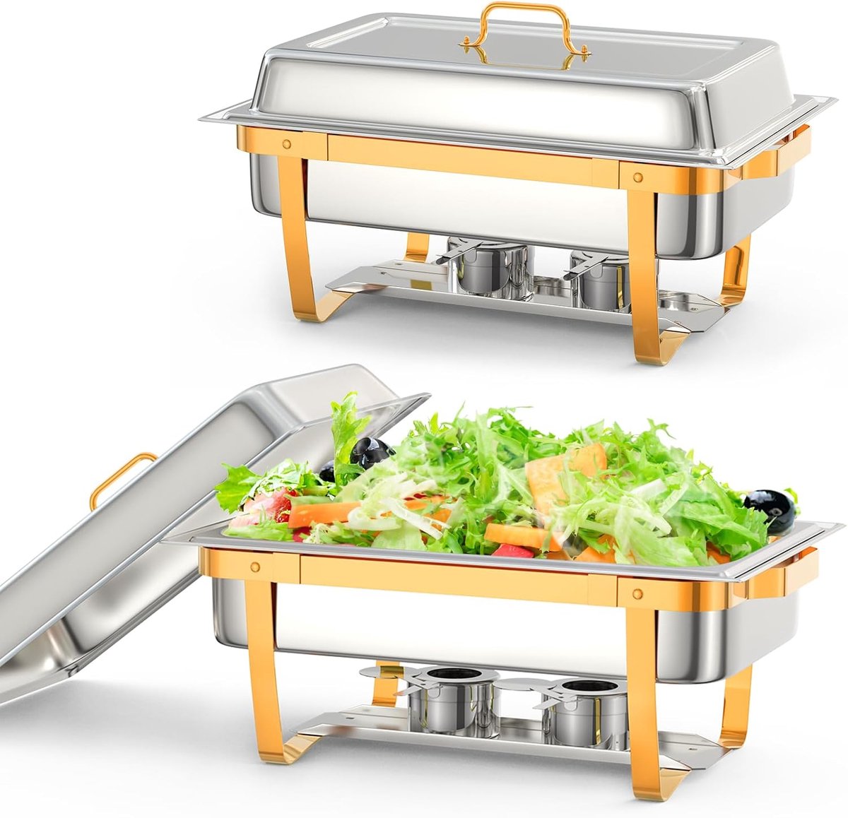 Chafing Dish Set van 2 - 8 Liter Rechthoekige RVS Buffet Warmhouders - Inklapbaar met Gouden Accenten & Dekselhouder - Warmhoudschaal voor Catering, Bruiloft & Feest