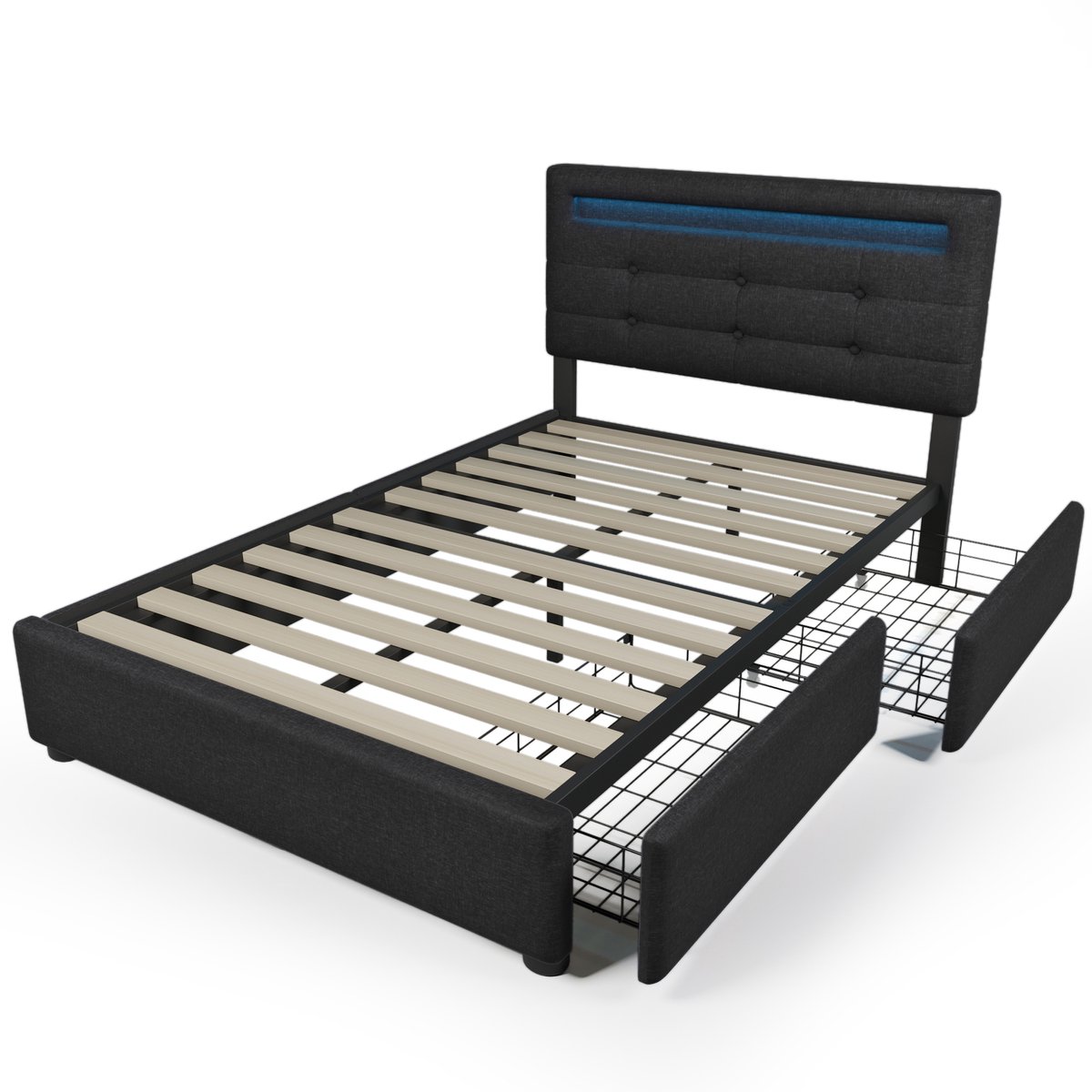 WUVRIE Normaal bed 90x200 cm met LED, 2 lades en verstelbaar hoofdeinde, zwart