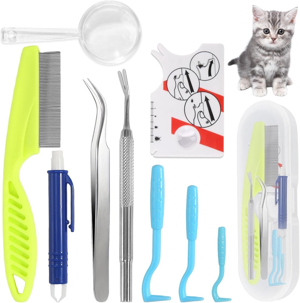 Tick Removal Set voor Honden en Katten, 9-Delige Set met Tekenpincetten, Tekentangen en Opbergdoos voor Effectieve Tekenverwijdering