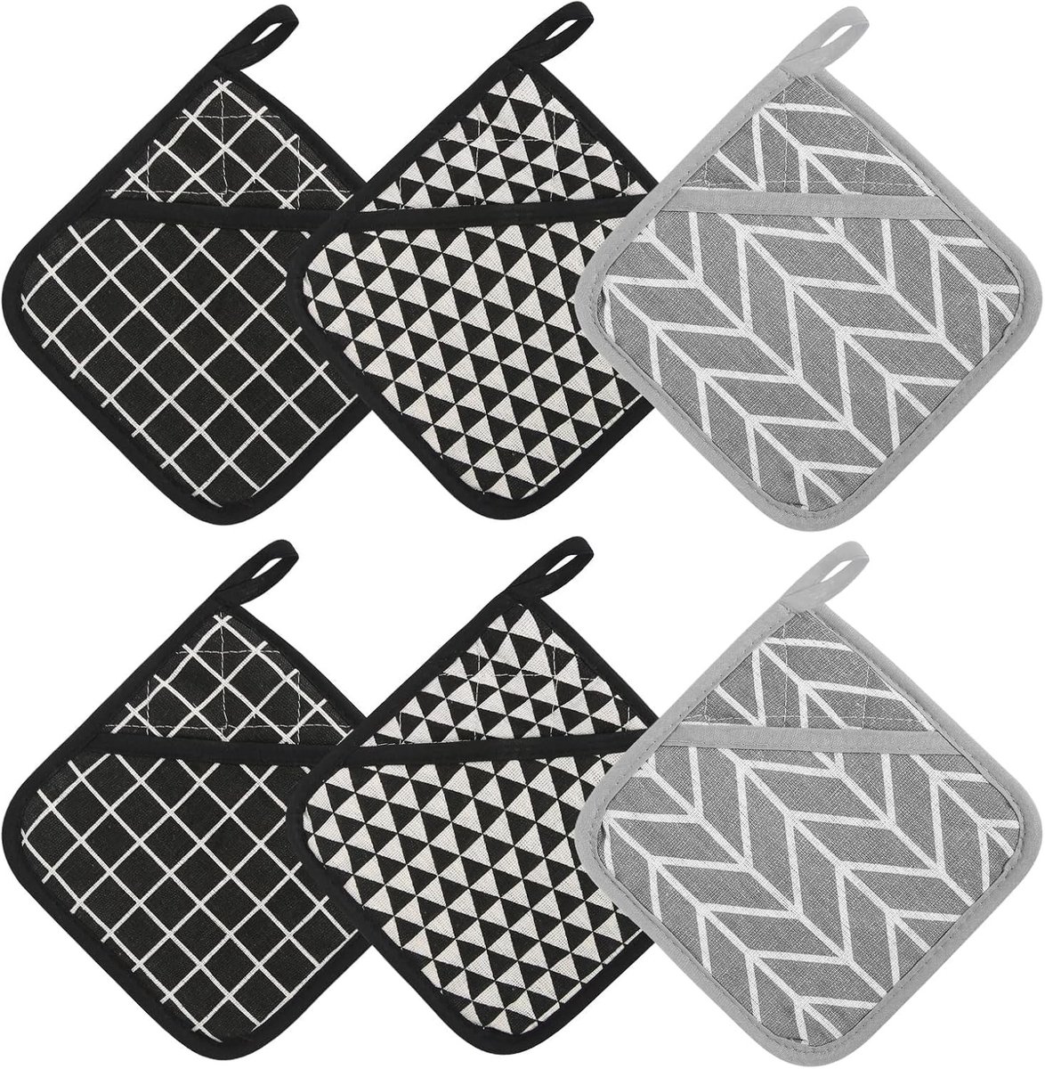 Set van 6 Warmtebestendige Katoenen Pannenlappen met Opbergzak - Vierkante Keukenaccessoires voor Koken en Bakken